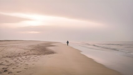 deserted beach at sunset on a cloudy day, a person walks along the beach, leaving a trail of footprints in the sand.