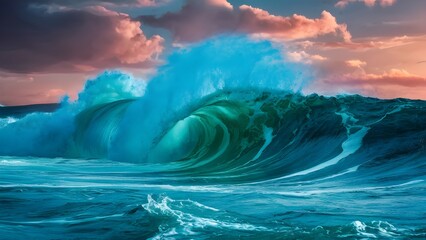 Naklejka premium El mar explendido y unas olas en diferentes colores de azul que dejan atónitos a los espectadores por su belleza