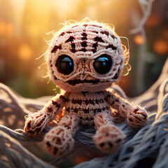 crocheted amigurumi cross-knitted chibi cute spider mascot chilling on its net