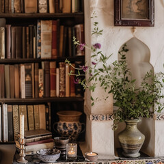 Close up of an interior space with candles, plants and books.