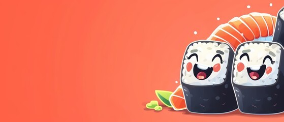 Cartoon character of food depicted in a delightful sushi roll scene, perfect for engaging and playful marketing materials, banner template sharpen with copy space