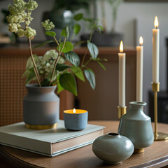 Close up of an interior space with candles, plants and books.