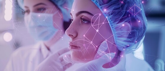 Closeup of dermatology with Glow HUD big Icon of skin health concept