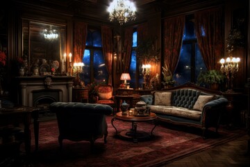 Cozy antique-styled living room illuminated by warm candlelight with luxurious furnishings