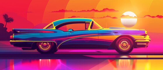 Creative futuristic design pop art color of a vintage car, captured in a scene that stretches the imagination, in retro color, illustration template
