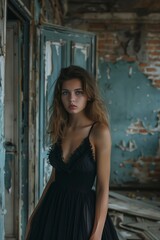 Woman Leaning Against Wall in Black Dress
