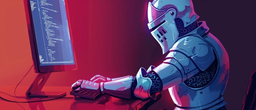 Depicting a medieval knight coding at a modern computer, this quirky juxtaposition in a digital art style adds a unique twist, suitable for an innovative banner template