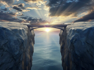 The bridge connects two high cliffs above the sea against the background of sunset. Without people. Copy space. Concept of support, psychological help, hope in difficulties.