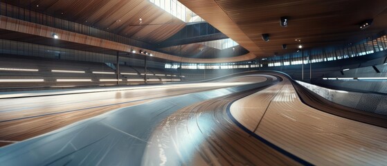 Experience the silent grandeur of a velodrome with futuristic enhancements, showcasing an empty track that whispers tales of speed and innovation, with copy space