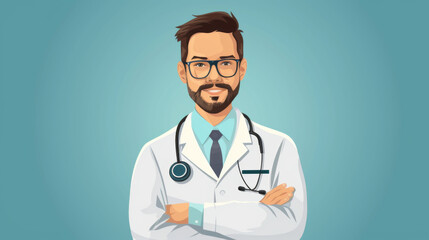 Fototapeta premium Illustration of a confident male doctor cartoon character standing with arms crossed in a medical setting.