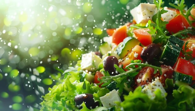 Fresh vegetables background of Greek salad, styled in a nature graphic design, ideal for healthy living promotions, banner sharpen with copy space for advertise