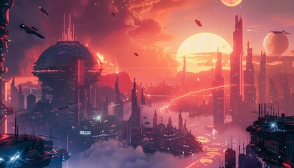 Futuristic landscape view of a bustling cyber city built within a caldera - obrazy, fototapety, plakaty