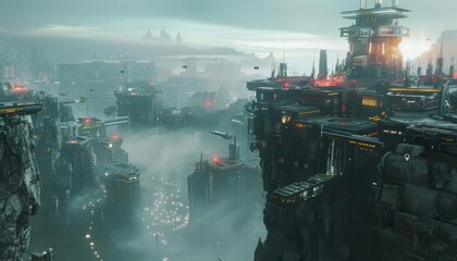 Futuristic landscape view of a bustling cyber city built within a caldera - obrazy, fototapety, plakaty