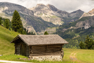 Fototapeta na wymiar Mountain hut in Val Gardena. South Tyrol