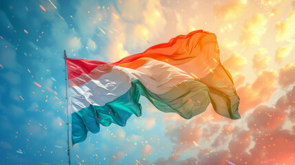 A vivid display of the Hungarian flag fluttering boldly amidst a sparkling, illuminated sky backdrop. - obrazy, fototapety, plakaty