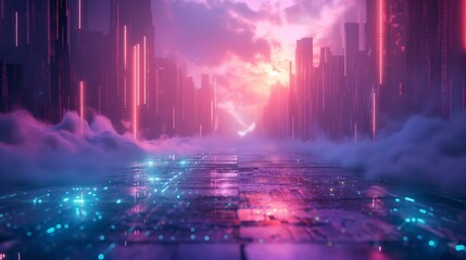 Abstract Cybernetic Landscape with Neon Grids