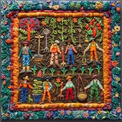 Fototapeta premium Human figures miniature on a vibrant tapestry of garden tools, illustrating growth in both agriculture and business, presented in a folk art style