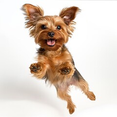 dog is leaping and catching an object in the air, with its paw up