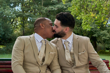 A couple of newly married men are kissing in celebration of their marriage. Concept of gay pride...