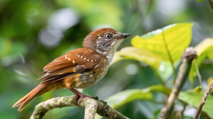 A brown bird with white speckles and a detailed plumage is perched on a green backdrop
