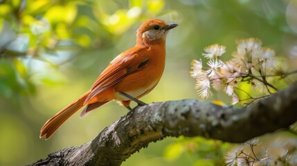 A stunning image capturing a bright red bird with a fluffy head, perched delicately on a blossoming branch surrounded by green leaves