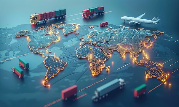 A digital composite image of the world map with glowing dots representing cities and transportation hubs