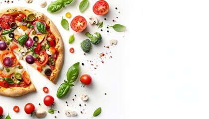 Manipulation food concept of a whimsical vegetable pizza, designed in a food on white background style, banner sharpen with copy space for advertise