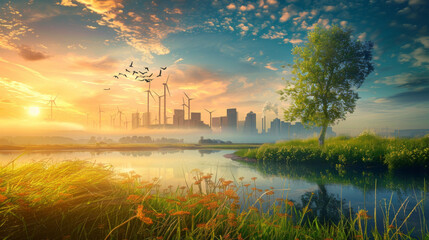 A sunrise over a modern cityscape with wind turbines highlights sustainable urban living.