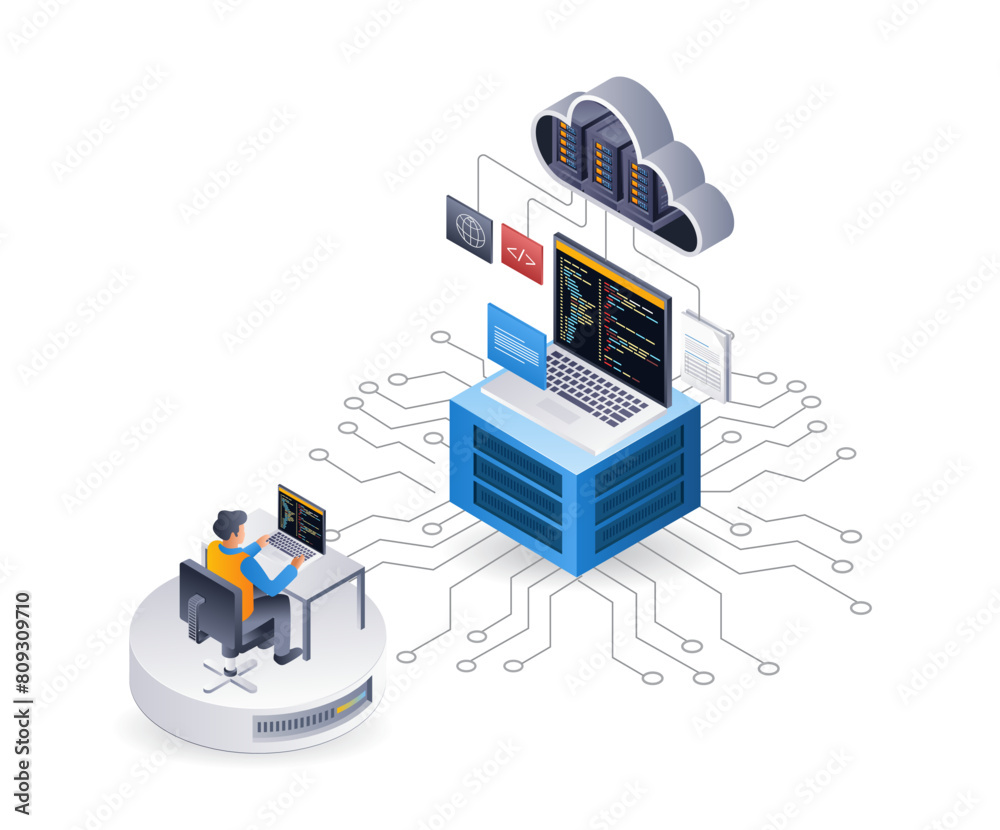 Poster programmer maintains technology cloud server, isometric flat 3d illustration infographic