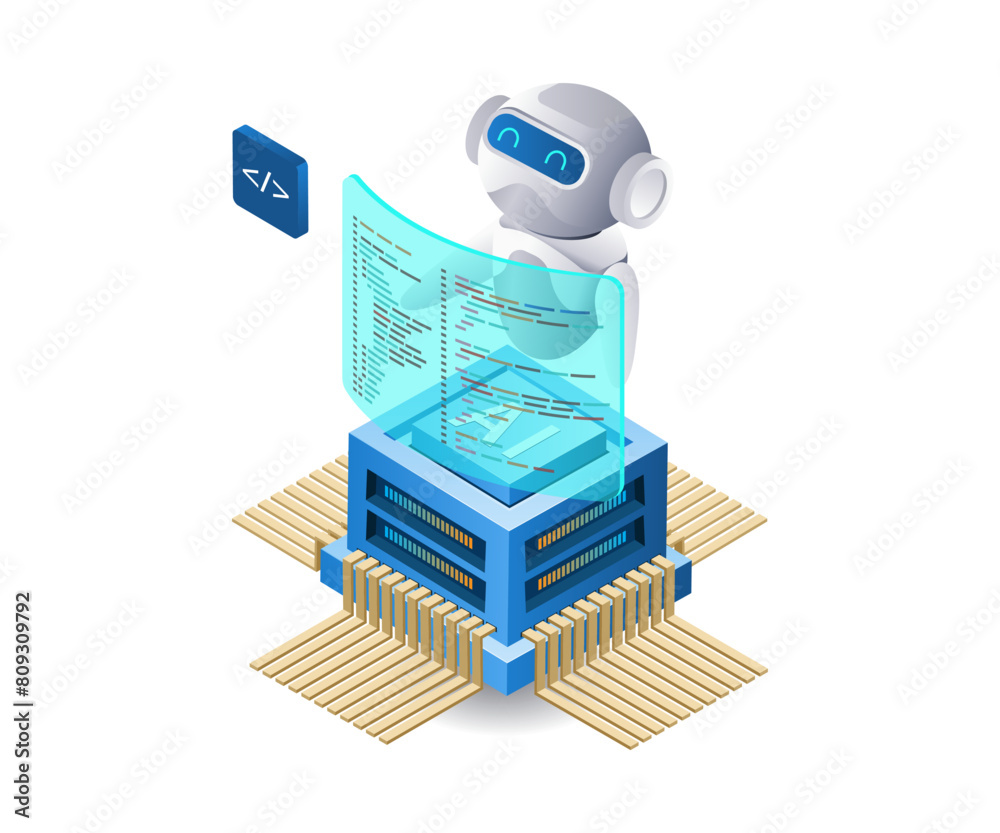 Aufkleber Robot programmer ai technology infographic 3d illustration flat isometric
