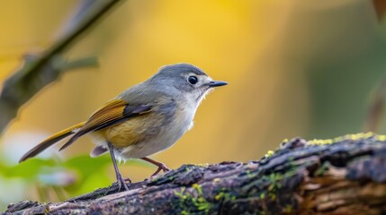 Fototapeta premium A detailed close-up shot of a Grey-headed Canary-flycatcher sitting on a tree branch, with a blurred yellow background