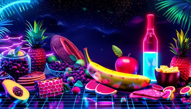 Neon color of gourmet food highlights the artistry in culinary creations, enriched by synthwave color, formatted as an illustration template