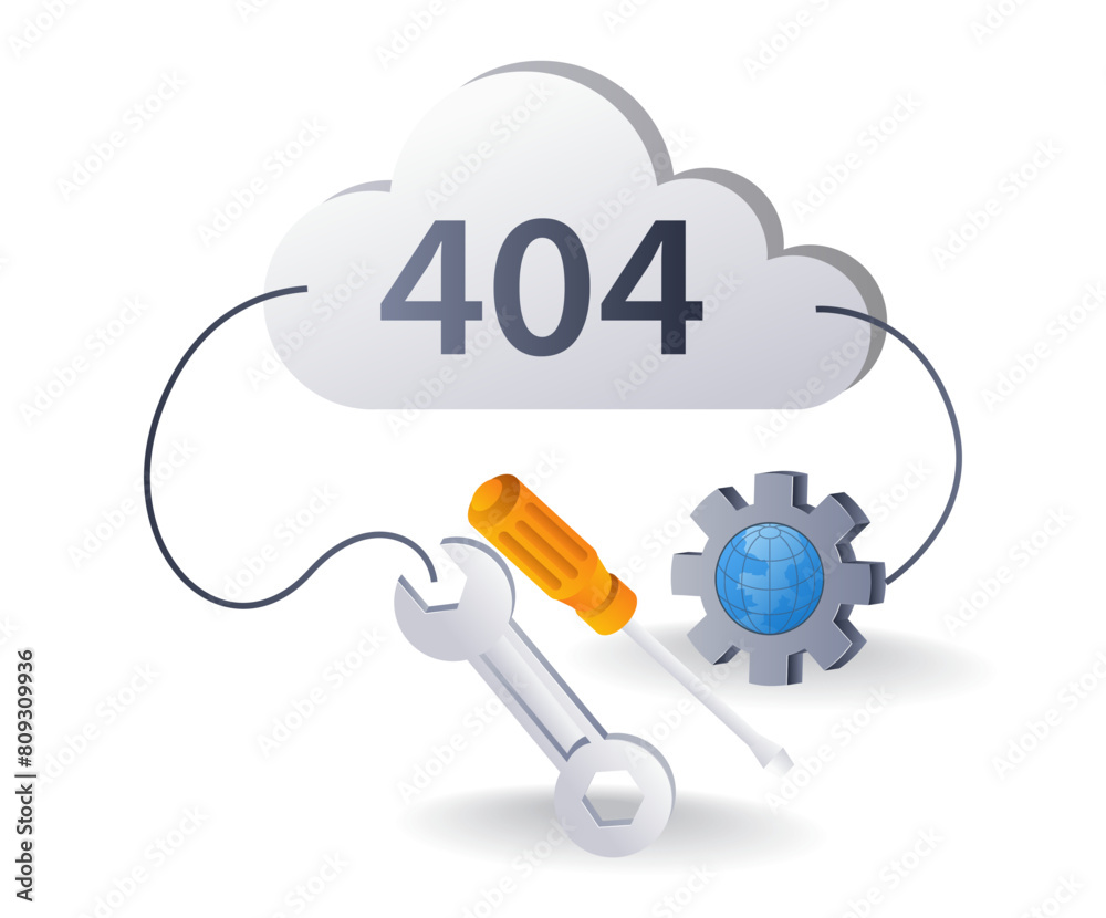 Poster repair error code 404 technology system, flat isometric 3d illustration infographic