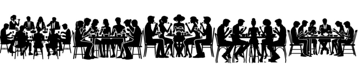 vector set of silhouettes of a group of people eating