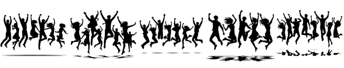 vector set of silhouettes of happy jumping people