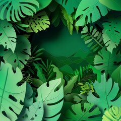 Paper art and craft style of a lush rainforest ecosystem, illustrated in solid color, explores the intricate balance of nature, banner template sharpen with copy space
