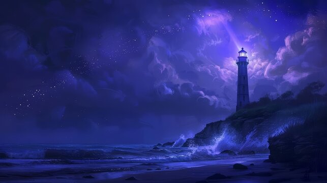 On a secluded beach, a solitary lighthouse beams ultraviolet light, mapping the hidden depths of the ocean