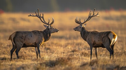 Fototapeta premium Two majestic deer are captured in a golden field, locking antlers in an apparent display of dominance
