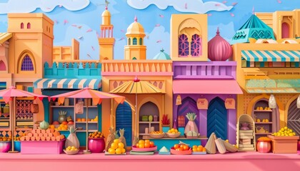 Paper art style of an exotic spice bazaar, depicted in cyber color, bursts with the aromas and colors of the East, illustration template