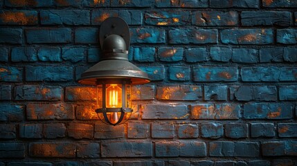 Vintage lamp on a blue brick wall