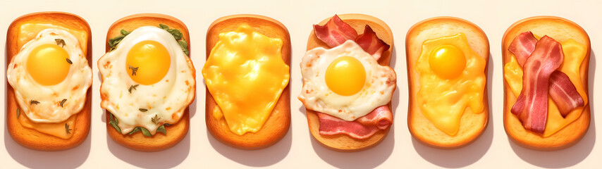 Panoramic view of sandwiches with fried eggs on beige background