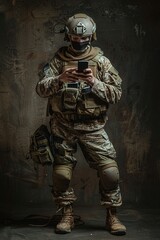 Fototapeta premium Soldier in Military Uniform Holding Cell Phone