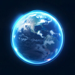 Earth planet with blue circle on dark background. 3D illustration.