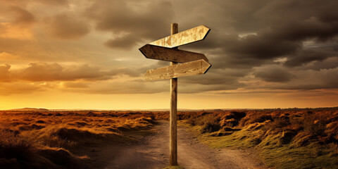 Rustic Wooden Directional Signposts At Sunset In Countryside. Empty Direction Signpost. Make A Choice. Generative AI