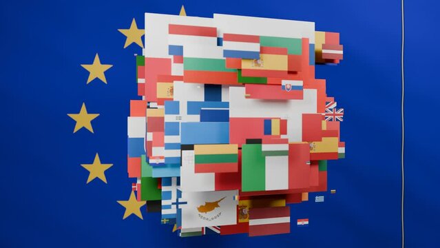 3d animation of the flag of Europe and the appearance of many flags of the EU member states. 3D loop animation of political and economic European cooperation.