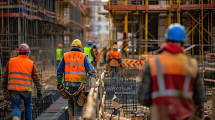 Workers in safety gear walk through a construction site surrounded by reinforcing steel bars and completed concrete work
