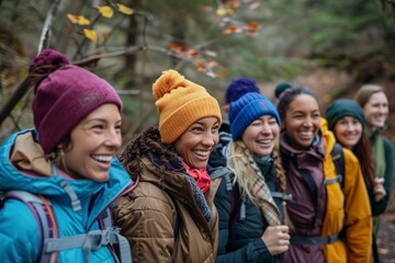 Diverse group of female friends in outdoor gear smiling