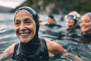 Fit mature woman taking off a wetsuit