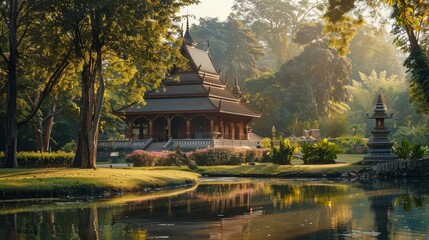 Naklejka premium Thai art design transforms the tranquility of Arbor Day, marrying environmental consciousness with artistic elegance, highlighted in a sharpen landscape