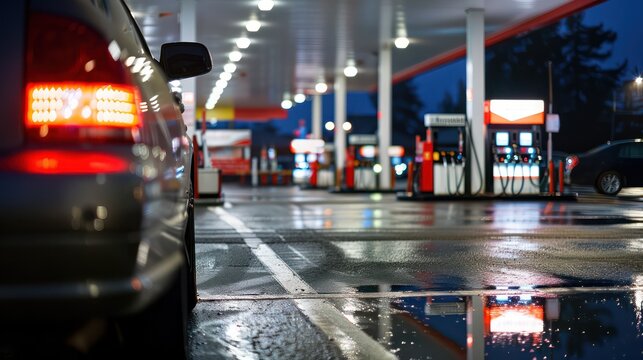 Photo captured at a gas station at night featuring wet pavement reflecting the lights and a car’s tail lights